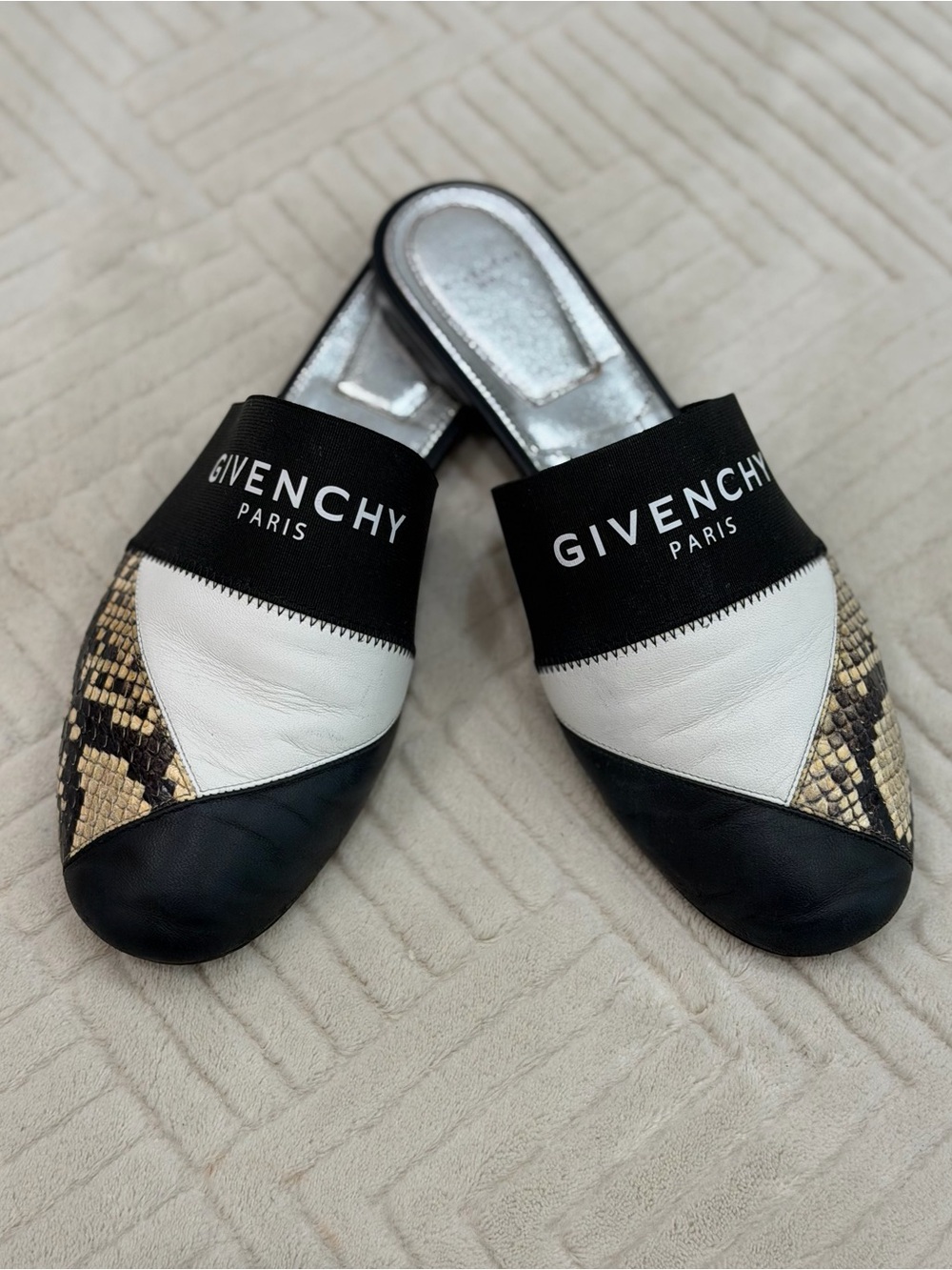 Givenchy Black, White & Snake-Print Leather Slide Mules